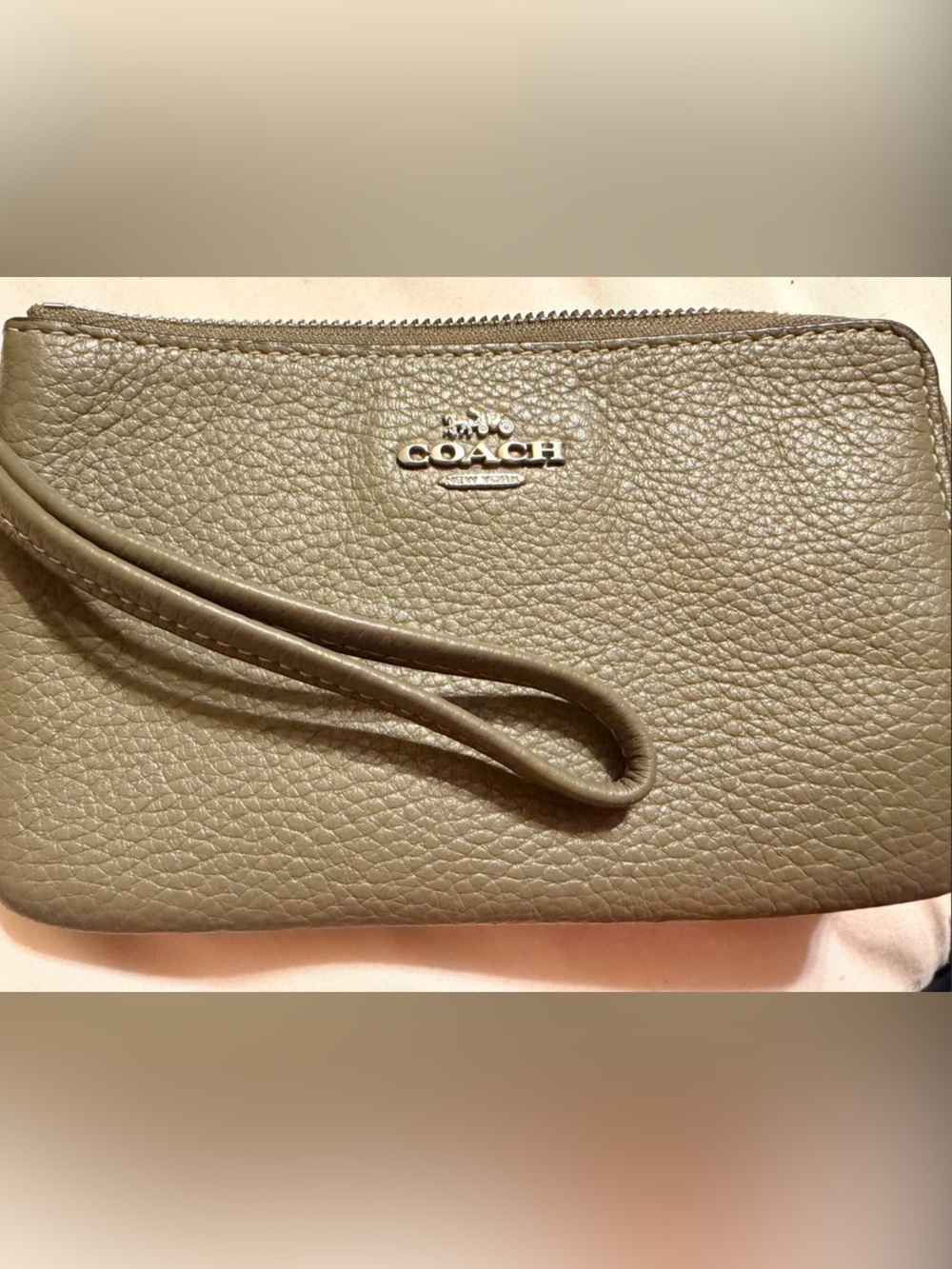 COACH Pebbled Leather Wristlet in Taupe Gray